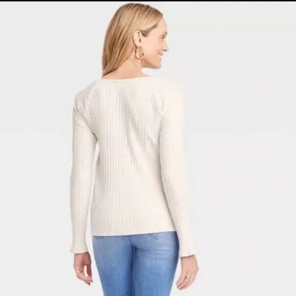 Knox Rose cream ribbed long sleeve scoop neck tee size medium P2 - Picture 2 of 8
